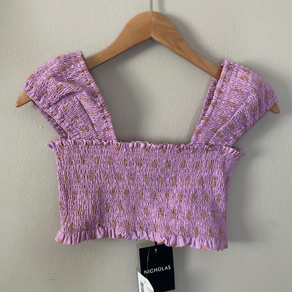 Intermix NICHOLAS Smocked Bandeau Sleeveless Purple Pink Polka Dots US 2 Small